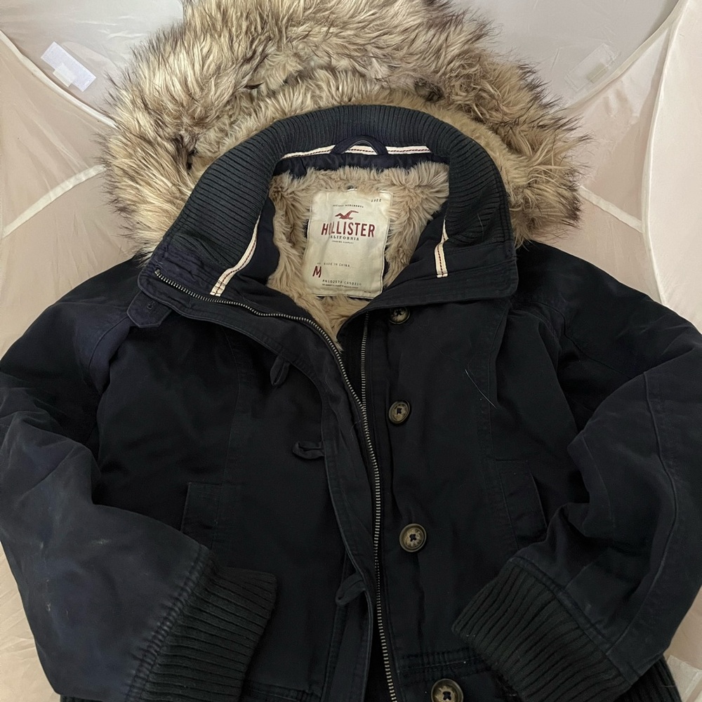 Hollister navy blue Jacket with Faux Fur Hood